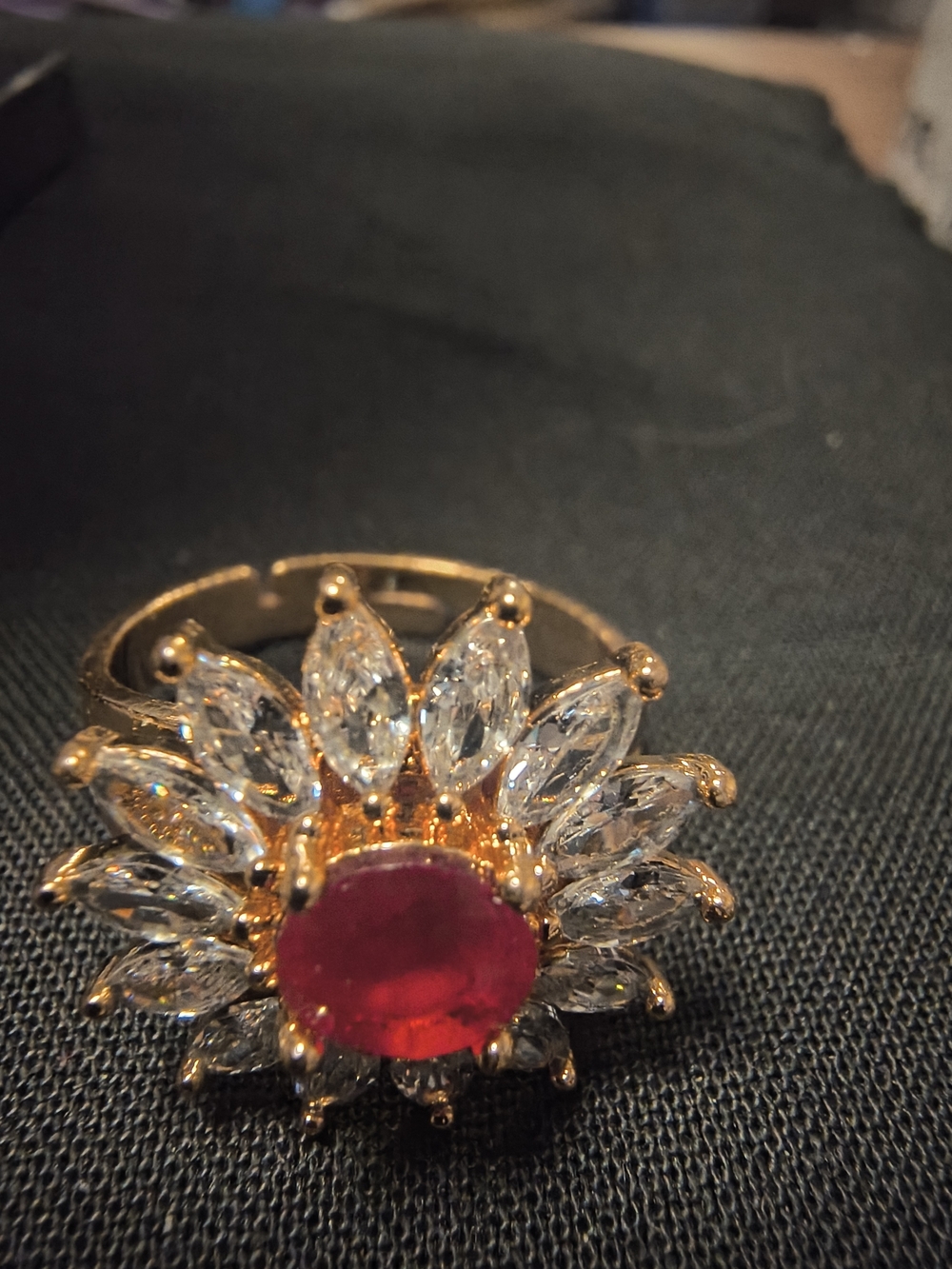 Gold Floral Ring with Red Center and Clear Crystal Petals